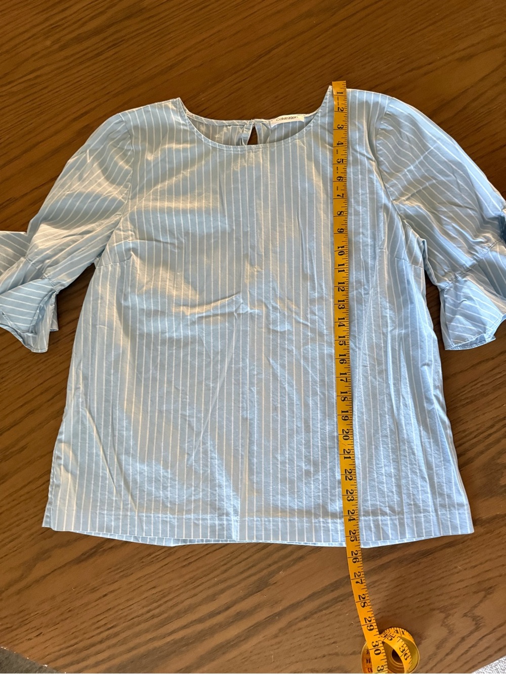 Calvin Klein Light Blue Pinstripe Ruffle Sleeve Blouse Preppy